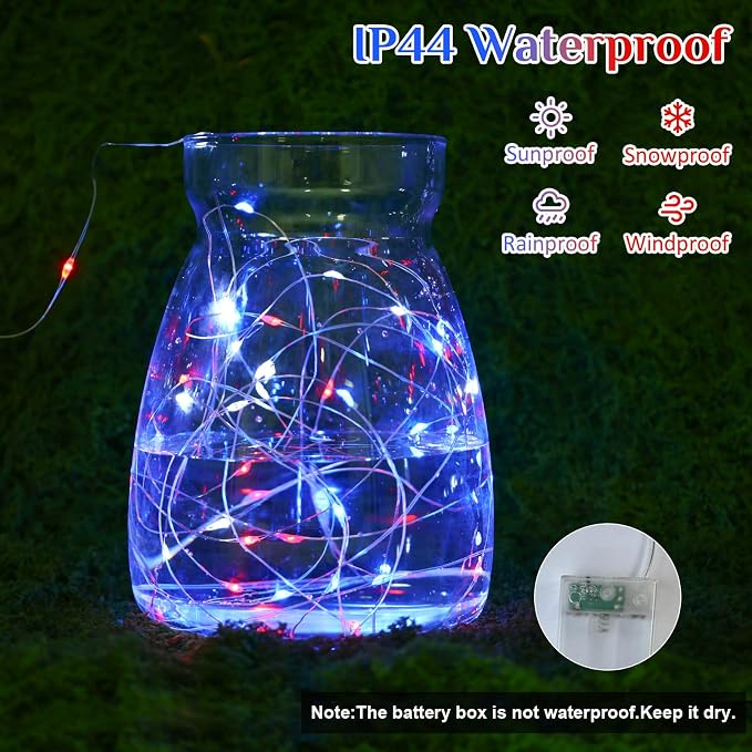 QITONG 4th of July Fairy Lights Battery Operated, 4 Pack Each 16ft 50 LED Patriotic Lights Outdoor Waterproof, Silver Wire Christmas Twinkle Mini Lights for Memorial Independence(Red White and Blue)