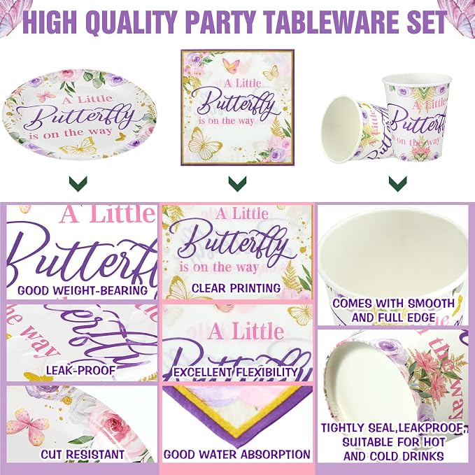 200 Pcs Butterfly Baby Shower Paper Plates Napkins Cups Girl Shower Party Supplies Tableware Set Purple Disposable Cup Napkin for 50 Guest Girls Spring Party Decoration