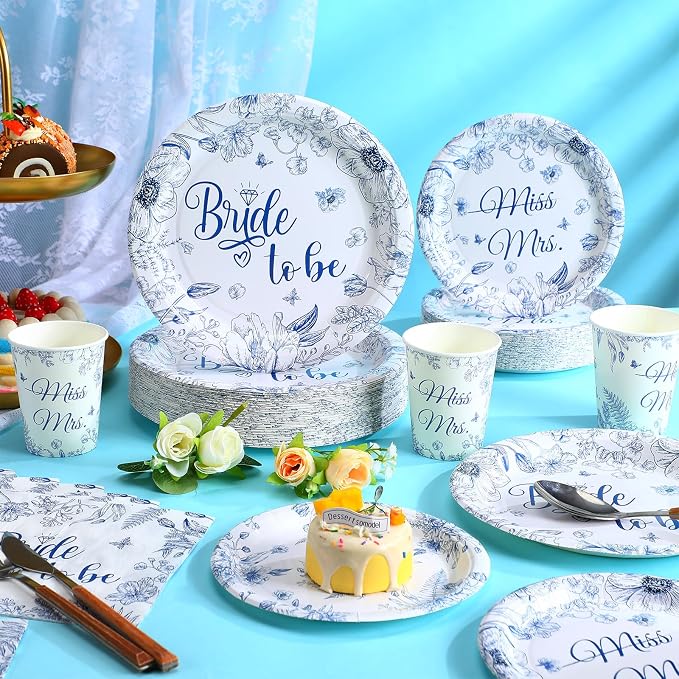 Zhehao 250 Pcs Bridal Shower Decorations Bride to Be Bridal Shower Plates Napkins Sets 50 Pcs 9'' Dinner Plates and 7'' Dessert Plate and 9oz Cups 100 Napkins Serves 50 Engagement Supplies