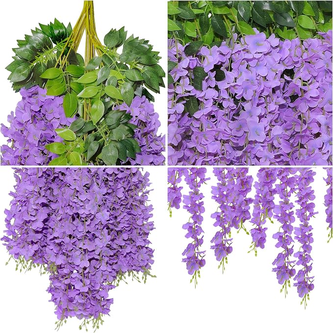 U'Artlines 12 Pack(Total 86.4 Feet) Artificial Fake Wisteria Vine Rattan Hanging Garland Silk Flowers String Home Party Wedding Decor (12, Purple)