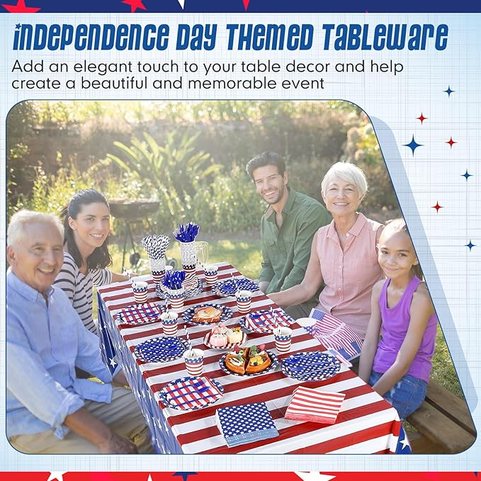 Funnymoom 452 Pcs Memorial Day Party Decoration for 50, 4th of July Patriotic Paper Plates Napkins Cups Tablecloth Cutlery Straw White Red Blue Tableware for 250th Aniversary Supplies