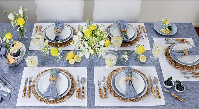 Solino Home Linen Tablecloth 60 x 108 Inch - 100% Pure Linen Chambray Indigo Table Cloth for Rectangle Tables - Athena, Machine Washable Tablecloth for Summer