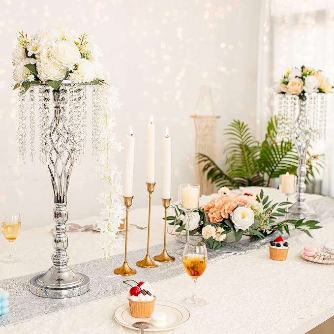 2pcs Silver Metal Flower Vases Crystal Flower Stand Wedding Centerpieces for Tables Party Dinner Event Restaurant Hotel Decoration