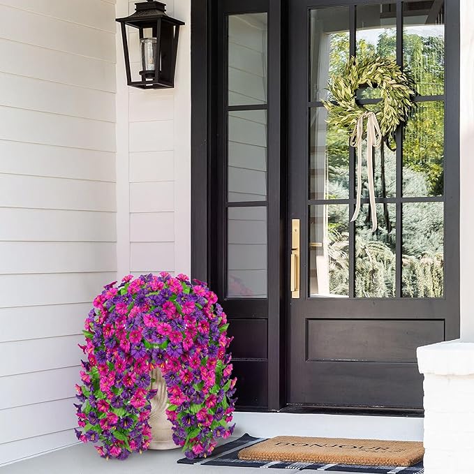 Ammyoo Artificial Fake Hanging Flowers Basket for Spring Decor, Faux Silk Flower in Planter for Summer, Outdoor Artificial Floral for Home Porch Yard(Purple-red Deep Purple)