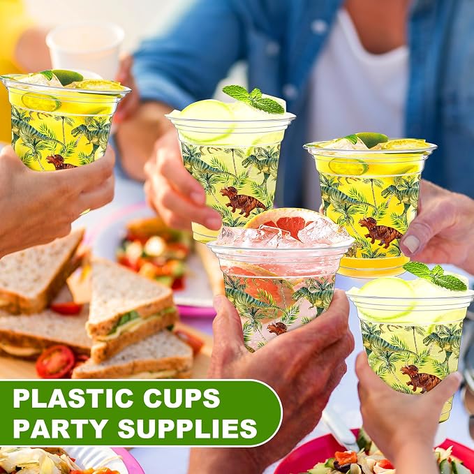 Geyoga 100 Pcs Dinosaur Plastic Cups 12 oz Dinosaur Disposable Drinking Cups Bulk Clear Dino Themed Tumbler for Dino Birthday Party Decoration