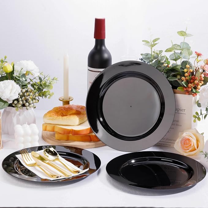 Bestluck 100PCS Black Plastic Plates, Black Disposable Plates for 50 Guests, 50 Dinner Plates 10.25 inch and 50 Dessert Plates 7.5 inch for Party, Graduation, Wedding