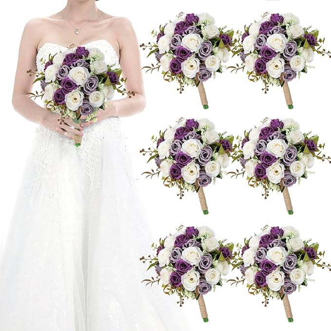 Set of 6 Bridesmaid Bouquets for Wedding - 7 Inch Artificial Ivory Flower Bouquet for Party Ceremony Anniversary Dinning Table Centerpieces Decor - Dusty Purple