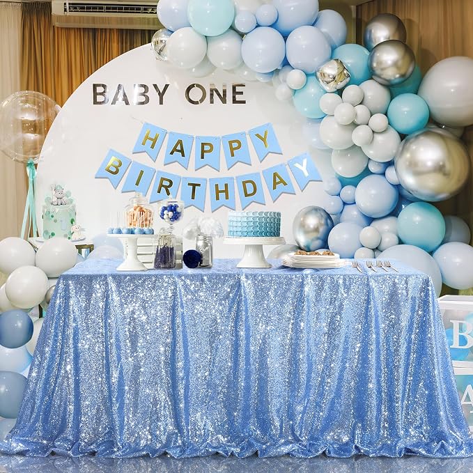 B-COOL Sequined Tablecloth 90x90inch Baby Blue Table Cloth Shimmer Square Drape Table Linens for Wedding and Event Banquet