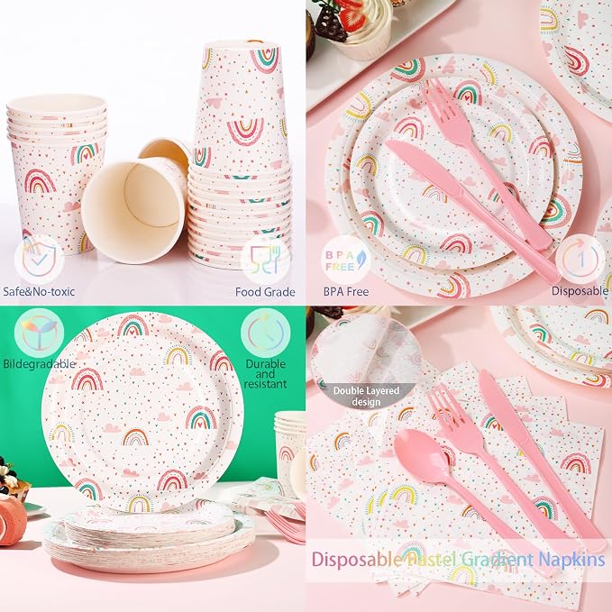 Boho Rainbow Birthday Decorations for Girl, 168Pcs Rainbow Plates and Napkins Party Supplies, Rainboww Party Plates Serve 24,Baby Shower for 1st 3rd 4th 5th Girl Birthday Decorations