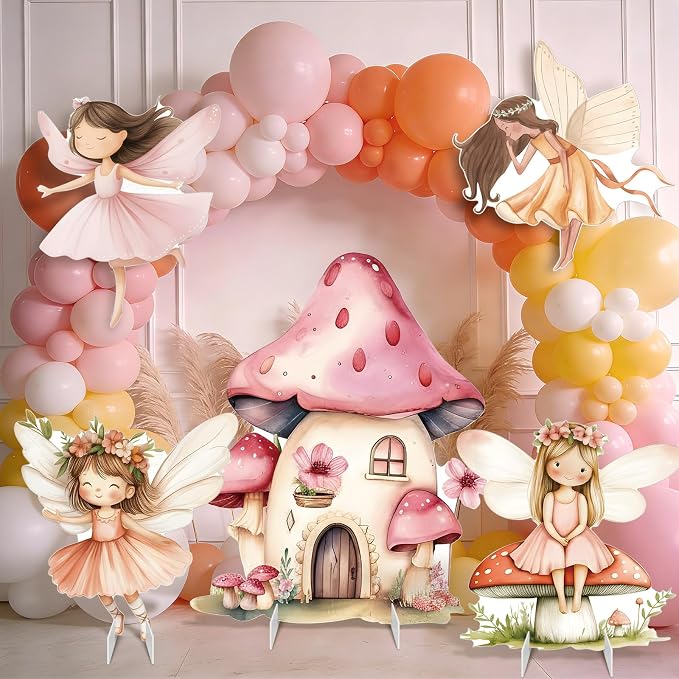 Fairy First Birthday Decoration 5PCS Floral Fairy Princess Cardboard Cutout Pink Stand Up Prop Mushroom Door Backdrop Yard Stake for Enchanted Woodland Fairytale Party Decor