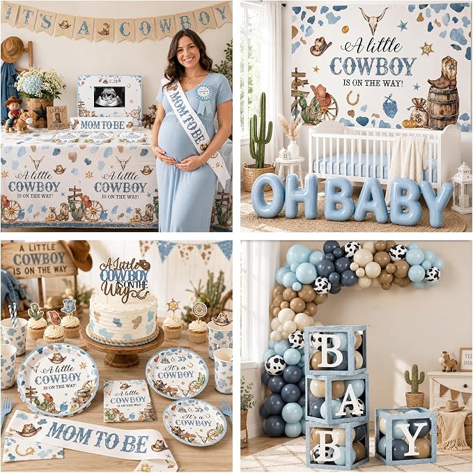 Cowboy Baby Shower Party Decorations for Boy A Little Cowboy is on the Way Disposable Paper Plates,Balloons Arch,Napkin,Cake Topper,Backdrop,Tablecloth,Banner for Wild West Baby Shower Party Supplies