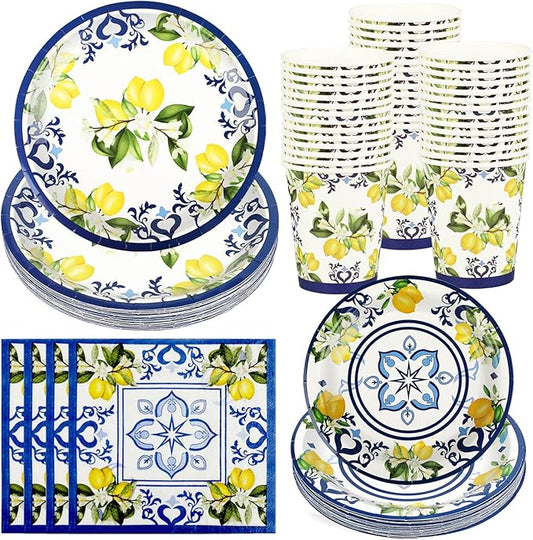 250 PCS Capri Lemon Party Tableware Supplies, Disposable Blue Paper Plates Cups Napkins, Blue Tile and Mediterranean Lemon Dinnerware Set for Anniversary Birthday Wedding Party Decor, Serves 50 Guests