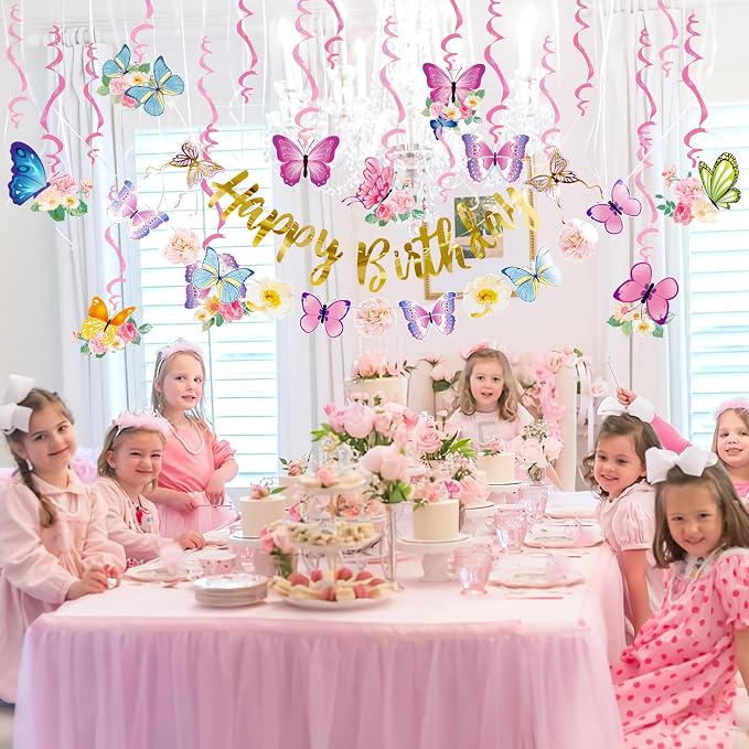 SUNBEAUTY 22PCS Butterfly Birthday Party Decorations Pre-strung Birthday Banner Garland for Women & Girls Colorful Butterfly Hanging Swirls Decorations Summer Themed Ceiling Decor for Kids Bday party