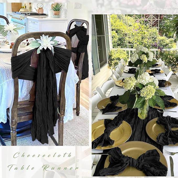 25 Pack Black Cheesecloth Table Runner 17 x 108 Inch Gauze TableRunner Fabric Semi Sheer Cheese Cloth Table Runner Bulk for Rustic Romantic Wedding Baby Shower Table Decoration