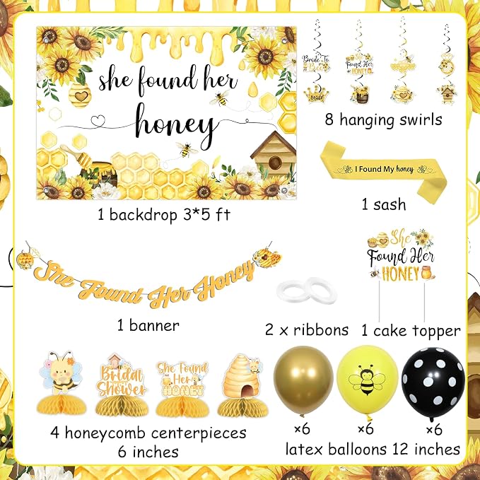 Bee Bridal Shower Decorations She Found Her Honey Backdrop Banner Cake Topper Bride to Bee Bridal Shower Decor Hanging Swirl for Bridals Shower, Engagement, Wedding, Bachelorette Party Supplies