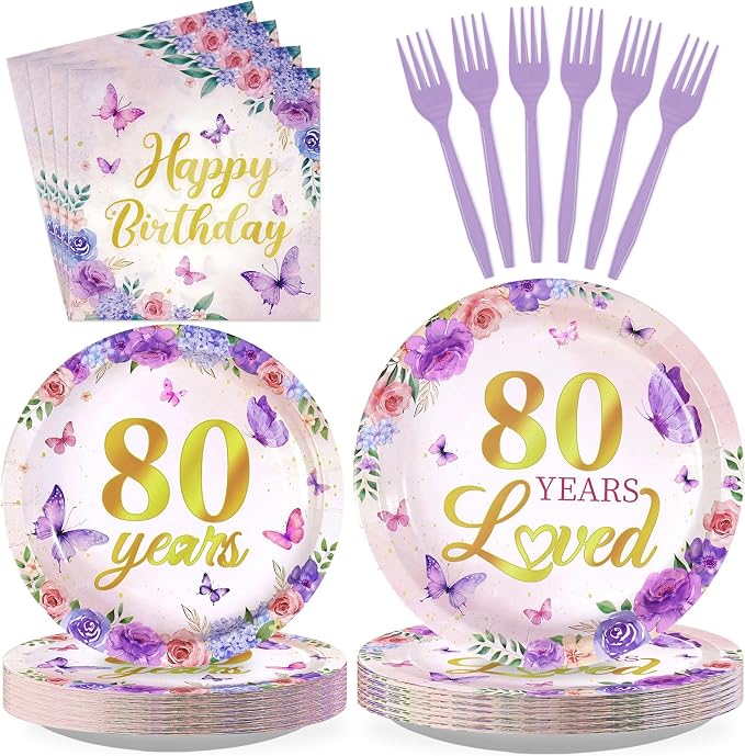 96Pcs 80th Birthday Party Decoration Purple Floral Butterfly Plates and Napkins 80 Years Loved Tableware Set for 1946 Woman 80 Year Old Mom Grandma Birthday Party Supplies Serves 24