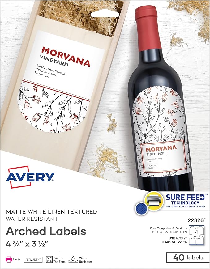 Avery Arched Wine Labels with Sure Feed for Laser Printers, 4.75" x 3.5", 40 White Labels (22826)