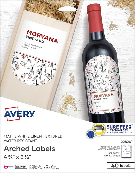 Avery Arched Wine Labels with Sure Feed for Laser Printers, 4.75" x 3.5", 40 White Labels (22826)