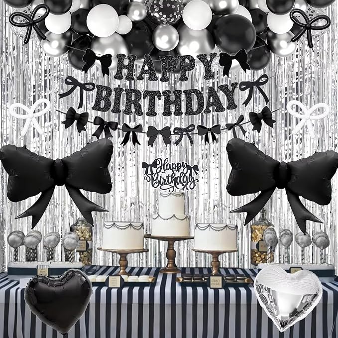 Black Bow Birthday Decorations, Coquette Bow Black and White Silver Balloons with Happy Birthday Banner Fringe Curtain Cake Toppers for Women Girls Baby Shower Party Supplies