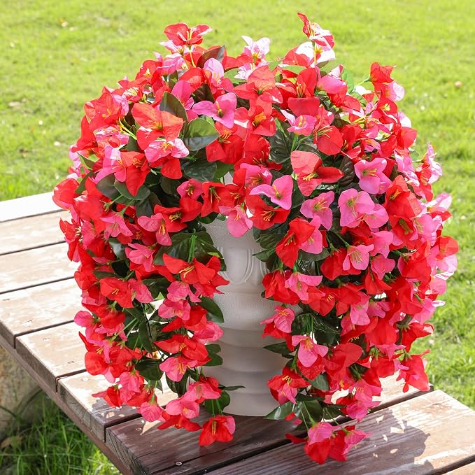Faux Bougainvillea Artificial Flowers Plants for Outdoors Outside Decoration, 2 pcs Fake Flowers Realistic UV Resistant Silk Long Trailing Vines for Front Door Porch Planter Urn Patio Balcony Yard,Mix