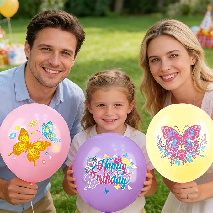 Butterfly Themed Happy Birthday Party Decorations, Plates Napkins Cups Tableware, Colorful Butterflies Backdrop Tablecloth, Happy Birthday Banner Cake Topper Colorful Printed Balloons for Kids Adults