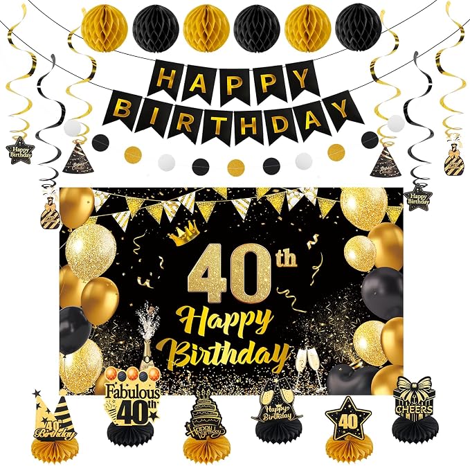 Happy 40th Birthday Party Decoration: Including Birthday Banner Backdrop, Party Table Centerpieces and Hanging Swirl Party Streamers, Birthday Decor for Men and Women (Gold/Black, 40th Birthday)