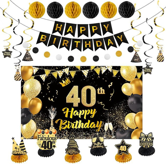Happy 40th Birthday Party Decoration: Including Birthday Banner Backdrop, Party Table Centerpieces and Hanging Swirl Party Streamers, Birthday Decor for Men and Women (Gold/Black, 40th Birthday)