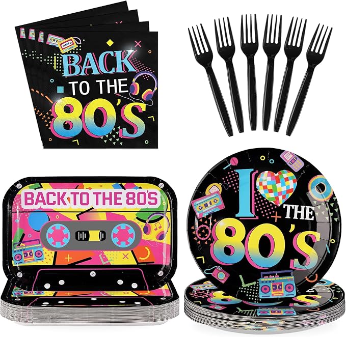 96Pcs Back to the 80s Birthday Party Decorations, Serve 24 | Back to the 80's Theme Plates and Napkins Tableware Sets Retro Colorful Hip Hop Decorations for Anniversary 1980's Supplies