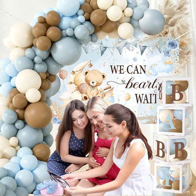 Teddy Bear Baby Shower Decorations for Boy - We Can Bearly Wait Party Supplies Include Balloon Garland Arch, Backdrop, Tablecloth, 4 Boxes, Cake Toppers - Blue Brown Boho Theme