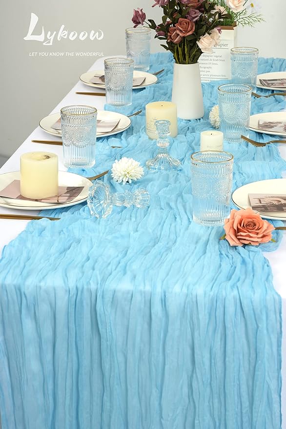 10 Packs Cheesecloth Table Runner Baby Blue, 35x120 inch Light Blue Rustic Gauze Boho Wedding Table Runner Decoration, Wedding Table Decor Table Cloth for Wedding Party Bridal Shower Table