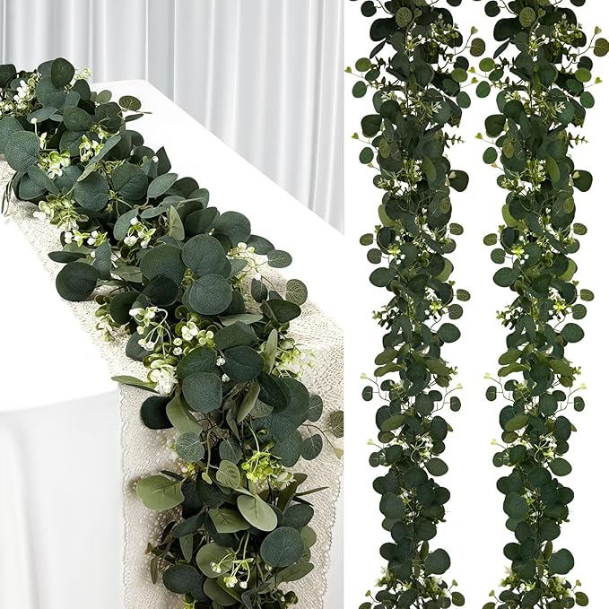 YIJXPOIN Eucalyptus Garland, 6FT Green Flower Garland Decor, Artificial Faux Eucalyptus Leaves Greenery Vines for Table Runner Wedding Bedroom Mantle Centerpieces Backdrop Decorations