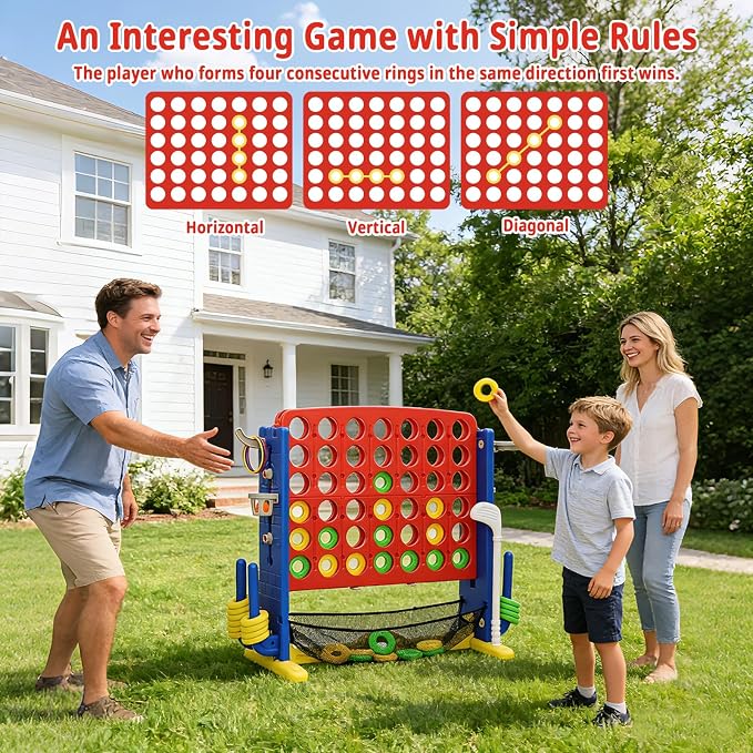 Giant 4-in-A Row Connect Game Set, Height Adjust Jumbo Yard Game for Kids & Adults w/Mesh Catching Bag, Basketball Hoop, Ring Toss & Mini Golf, Family Party 4-to-Score Indoor/Outdoor Games