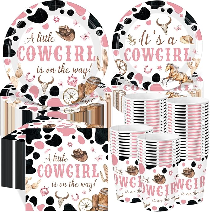 Pickmesh 250 Pcs Cowgirl Baby Shower Little Cowgirl Is on the Way Party Decorations Wild Western Theme Disposable Plates Napkins Cups for Baby Shower Party Supplies Serve 50