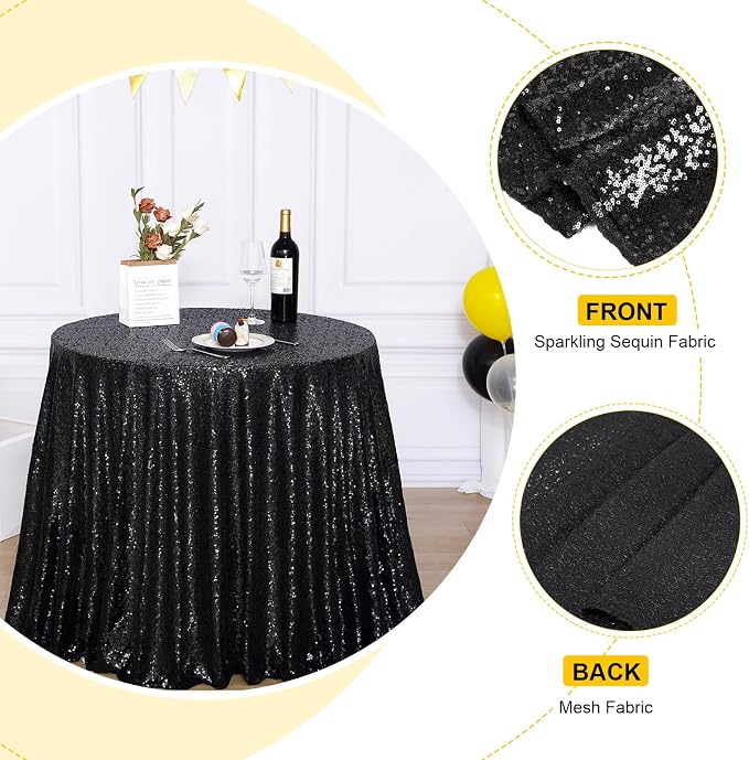 Poise3EHome 90-Inch Round Black Sequin Tablecloth for Halloween Party Cake Dessert Table Exhibition Events