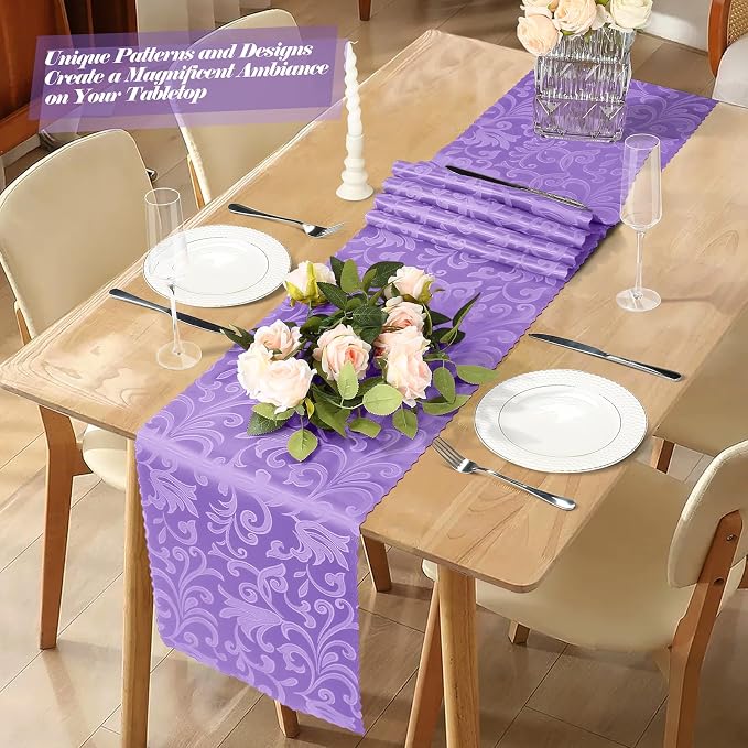 MILVOWOC 4 Pack Lilac Satin Table Runner, 12 x 72 Inch Jacquard Damask Table Runner Rectangle Bright Silky Decorative Table Runner for Party Banquet Birthday Dinner Wedding Table Decor