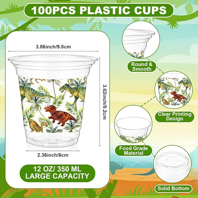 Geyoga 100 Pcs Dinosaur Plastic Cups 12 oz Dinosaur Disposable Drinking Cups Bulk Clear Dino Themed Tumbler for Dino Birthday Party Decoration