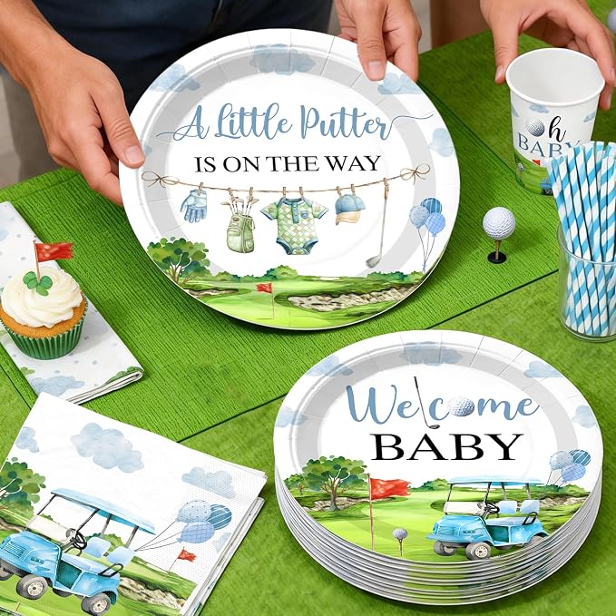 Golf Baby Shower Decorations for 25 Guests, 191PCS Blue and Green Baby Shower Decorations Boy All-in-one Set with Banner, Balloons, Plates, Cake Topper, Napkins, Tablecloths–Easy Assembly