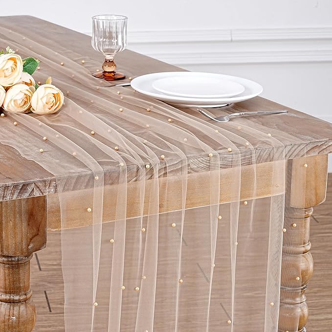 LuoluoHouse Pearl Table Runner Wedding Decor: 10ft Pearl Table Cloth 29x120 Inch Tulle Chiffon Fabric for Decortions Birthday Party Dining Table Cover (Tan,1pcs)