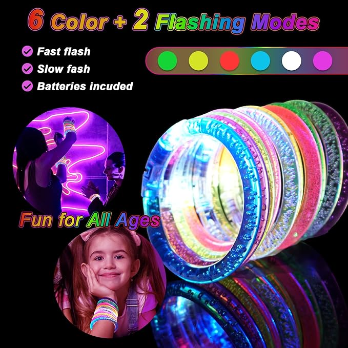 OLUPP 90 Pack Glow Bracelets, Glow in the Dark Party Supplies, 6 Color LED Light Up Bracelets for Adults & Kids Birthday Party Favors, Concert, New Year, Carnival, Raves