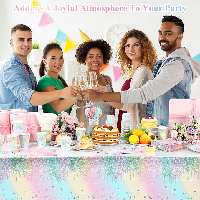 Funnymoom 452 Pcs Iridescent Diamond Birthday Party Decorations for 50 Guests, Glitter Pastel Rainbow Paper Plates and Napkins Cups Tablecloth Cutlery Straws for Women Birthday Baby Shower Supplies