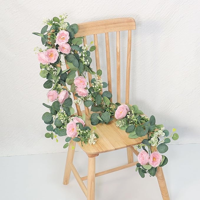 TOCHGREEN 2 Pack 13Ft Artificial Eucalyptus Flower Garland with Pink Roses, Fake Rose Flower Greenery Garland Floral Vines for Wedding Home Party Table Runner Decor (4PCS, Pink)