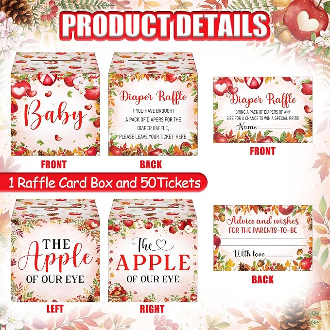Teling 51 Pieces Diaper Raffle Tickets with Card Box Baby Shower Decorations Gender Reveal Holder Box for Girl Boy Diaper Raffle Party(Apple of Our Eye Style)