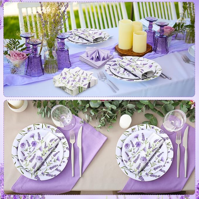Funnymoom 200 Pcs Lavender Floral Party Supplies Kit Purple Disposable Paper Dinner Dessert Plates Luncheon Napkins Beverage Napkins for Spring Summer Birthday Wedding Tea Party Decoration 50 Guests