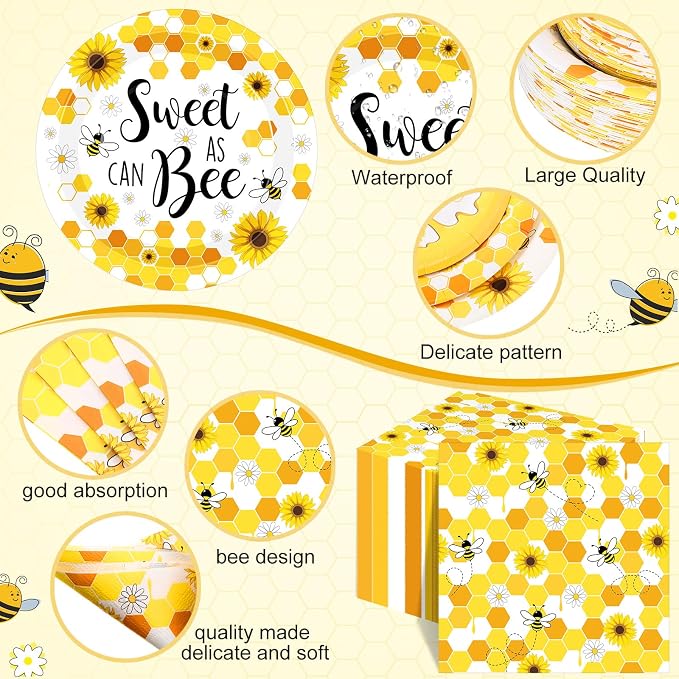 Funnymoom 250 Pcs Bee Party Decoration Sweet as Can Bee Paper Plates Napkins and Cups Baby Shower Party Tableware Set for Honey Gender Reveal Birthday Decorations, Serves 50