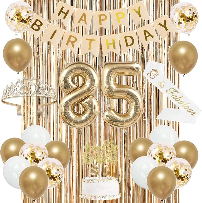 Trgowaul 85th Birthday Decorations for Women, Banner, Sash and Crown, Cake Topper, 85 Number Balloon, Fringe Curtains, Champagne Gold 85th Birthday Party Supplies