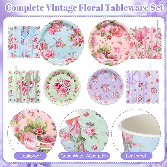 450 Pcs Vintage Floral Tableware Set Tea Party Decorations Floral Paper Plates Disposable Napkins Cups Cutlery Straws for Tea Party Mother's Day Bridal Shower Wedding Supplies, Serves 50