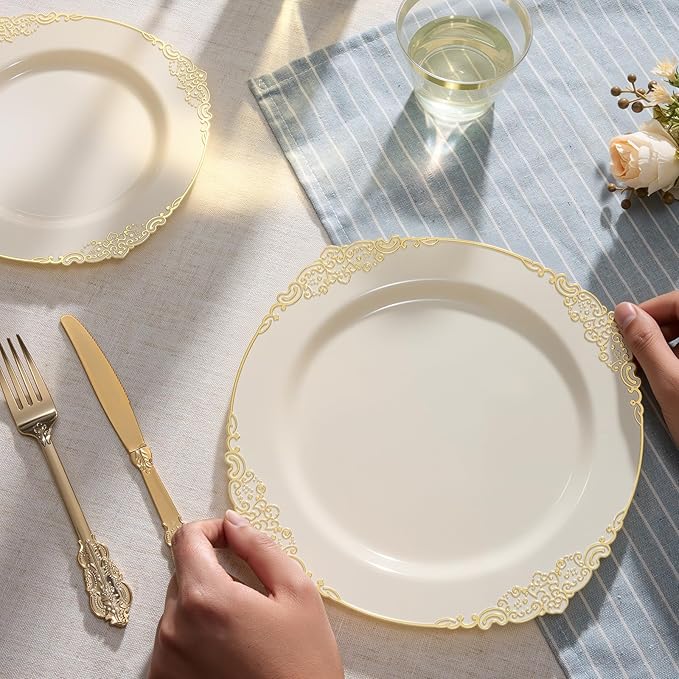 Goodluck 250 PCS Vintage Ivory & Gold Rim Plastic Plates with Cutlery Set - Serves 50 - Heavy Duty Elegant Disposable Dinnerware for Rustic Wedding, Boho Party, Tea Party