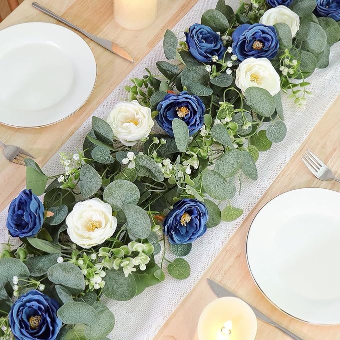 TOCHGREEN 2 Pack 13Ft Artificial Eucalyptus Flower Garland with White and Blue Roses, Fake Rose Flower Greenery Garland Floral Vines for Wedding Home Party Table Runner Decor (Blue White, 2PCS)