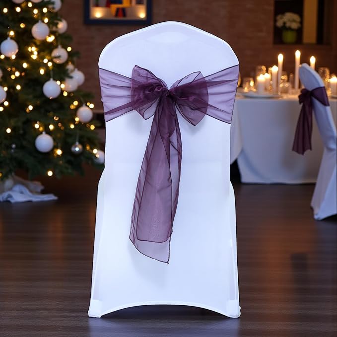 MDS® Pack of 300 Organza Chair Sashes for Wedding Decoration, Reusable Sheer Chair Bows for Banquet Chair Cover, Reception, Bridal Shower, Baby Shower, Birthday Party & Special Events - Plum
