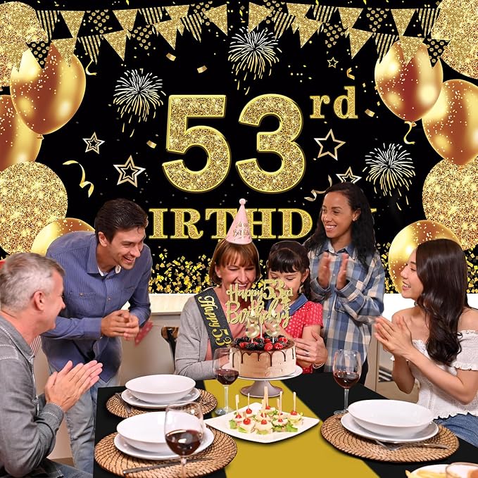 53rd Birthday Decorations Men Women with 53rd Birthday Banner, Black and Gold Table Cloth, Number Balloons, Large Sash, Cake Topper and Candles